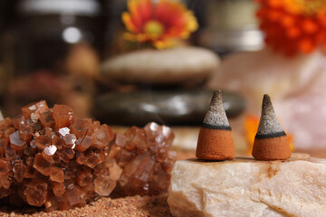 Aragonite Crystal With Incense Cones on Australian Red Sand