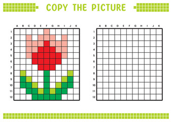 Fototapeta premium Copy the picture, complete the grid image. Educational worksheets drawing with squares, coloring cell areas. Children's preschool activities. Cartoon vector, pixel art. Flower plant illustration.