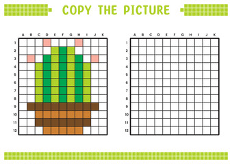 Copy the picture, complete the grid image. Educational worksheets drawing with squares, coloring cell areas. Children's preschool activities. Cartoon vector, pixel art. Cactus and pot illustration.