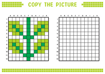 Fototapeta premium Copy the picture, complete the grid image. Educational worksheets drawing with squares, coloring cell areas. Children's preschool activities. Cartoon vector, pixel art. Leaf vines illustration.
