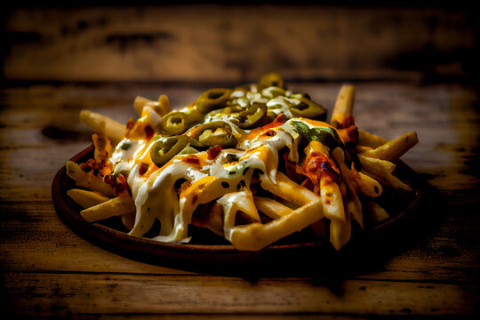 Pommes mit K&auml;se &uuml;berbacken und Jalapenos. Generative Ai.