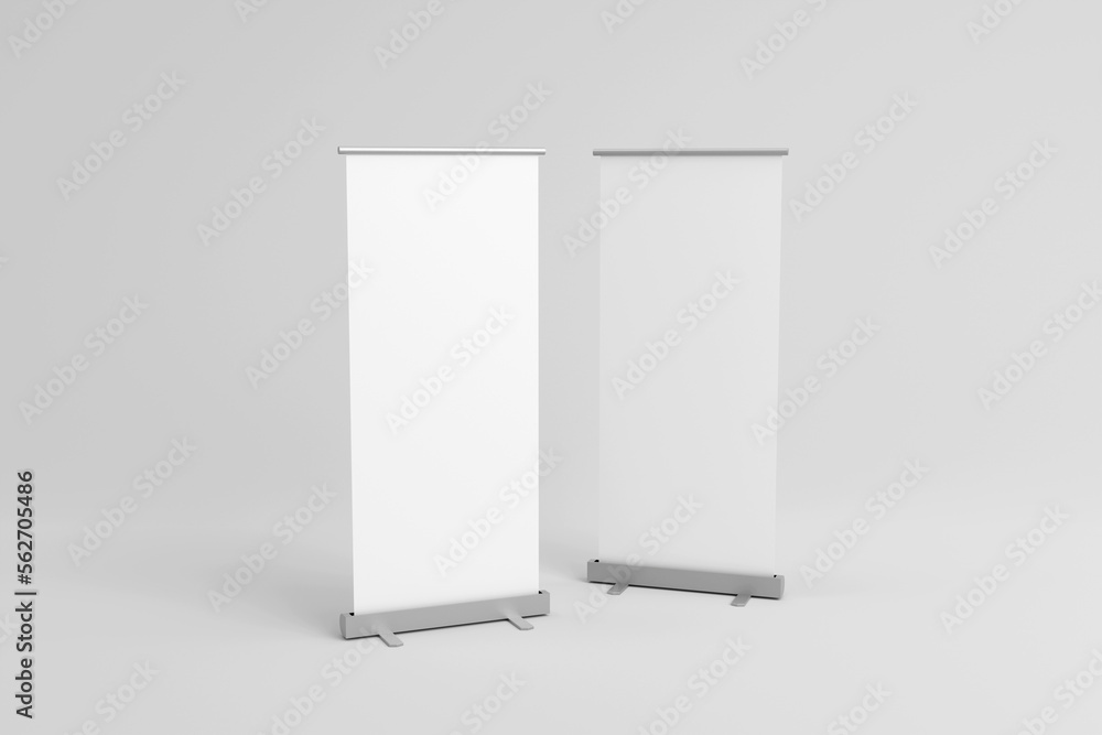 Fototapete blank white roll-up banner front and side set display mockup, isolated, 3d rendering