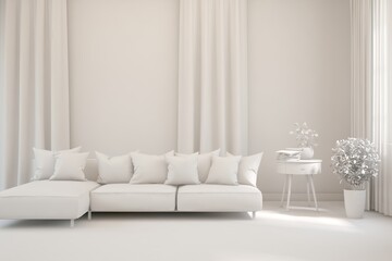 White minimalist living room with sofa. Scandinavian interior design. 3D illustration