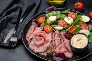 Roast beef with spinach salad and quail eggs healthy lunch keto diet food