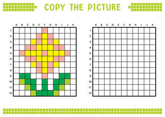 Fototapeta premium Copy the picture, complete the grid image. Educational worksheets drawing with squares, coloring cell areas. Children's preschool activities. Cartoon vector, pixel art. Flower plant illustration.