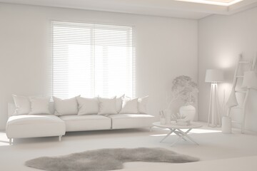 White minimalist living room with sofa. Scandinavian interior design. 3D illustration