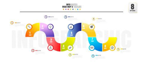 Timeline infographics design template with 8 options, process diagram.