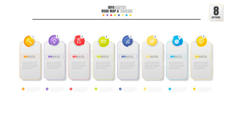 Timeline infographics design template with 8 options, process diagram.