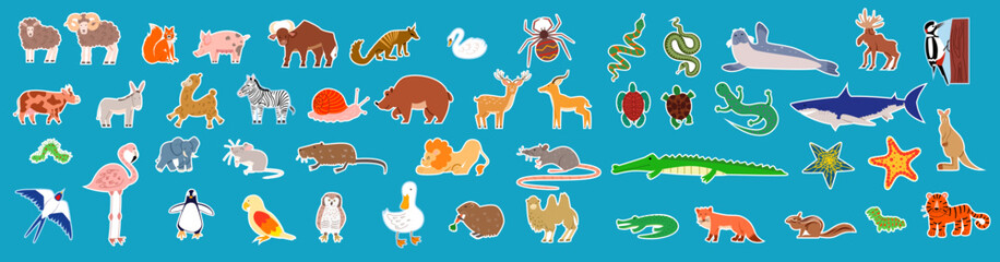 A large set of stickers with jungle, savannah and forest animals, birds, marine mammals, fish and insects. A set of cute flat vector illustrations