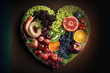  a heart shaped arrangement of fruits and vegetables on a black background with a green border around it and a black background with a green border and a black border at the bottom. Generative AI