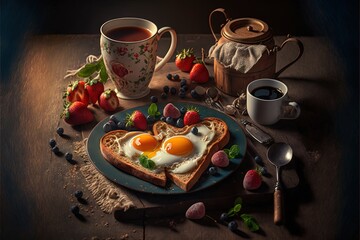 Obraz na płótnie Canvas a plate of food with eggs and strawberries on it next to a cup of coffee and a spoon and spoons on a table with a spoon and a cup of tea and a spoon. Generative AI