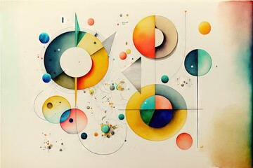  a painting with many different shapes and colors on it's surface, including circles and dots, and a line of lines, and dots, and a few smaller circles, on the top of the. Generative AI