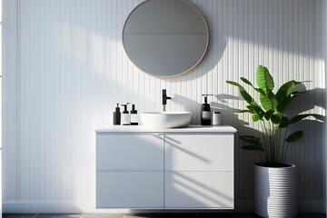 3D render an empty white vanity counter with ceramic washbasin and modern style faucet in a bathroom with morning sunlight and shadow. Blank space for products display mockup. generative AI