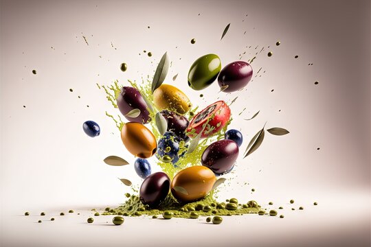  a group of fruits falling into the air with a splash of green tea on top of them and a few other fruits falling off of the ground to the side of the picture. Generative AI