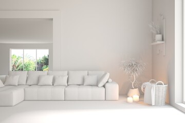 White minimalist living room with sofa. Scandinavian interior design. 3D illustration