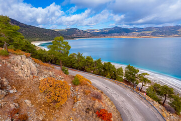 Amazing Turkey travel landscape of Salda lake with blue turquoise water, aerial view