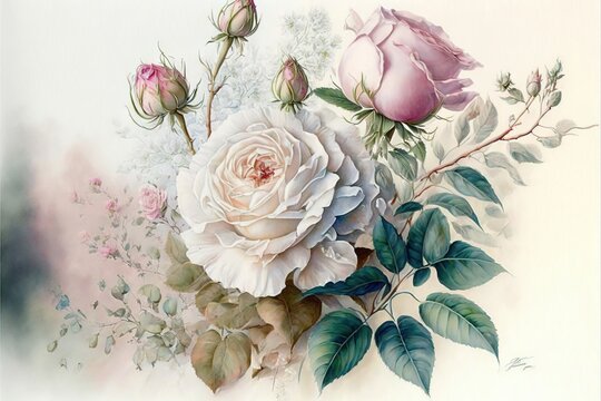 a painting of a bouquet of flowers with leaves and buds on a white background with a pink rose and green leaves on the bottom of the picture, and a pink rose on the top. Generative AI