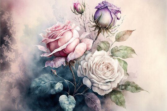  a painting of a bouquet of flowers on a white background with a blue border around it and a pink rose on the right side of the picture, and a purple rose on the left. Generative AI