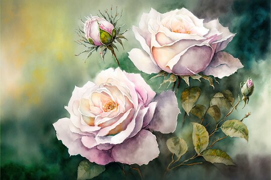  a painting of three pink roses with a green background and a bug on the flower stem, with a green background and a yellow and white rose in the middle of the middle. Generative AI