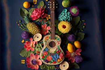  a guitar with a bunch of flowers and fruit around it on a blue background with a blue background and a blue background with a blue background with a blue border and white border. Generative AI