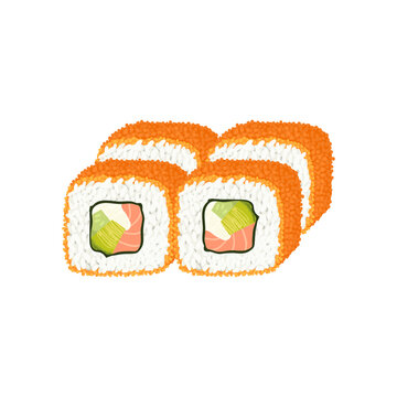 California sushi rolls wrapped in rice and orange masago or tobico caviar. Vector realistic clipart.
