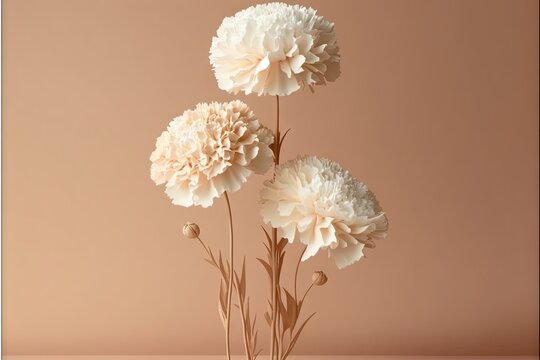  three white flowers in a vase on a table with a pink background and a pink wall behind them, with a few stems of flowers in the foreground of the photo. Generative AI