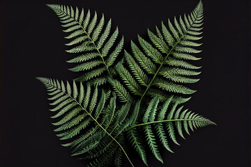 Pattern of green fern leaves on dark background, mockup, copy space, dark black background, minimalism, retro style, nature style. generative AI