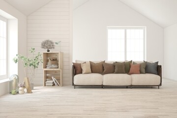 Fototapeta premium White living room with sofa. Scandinavian interior design. 3D illustration