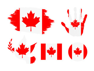 Canada flag set, flag of Canada collection. Flag in grunge, Dove, Handprint, square and round shape. vector illustration