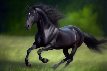 Obraz na płótnie Canvas Black horse runs gallop in the field, Generative Ai