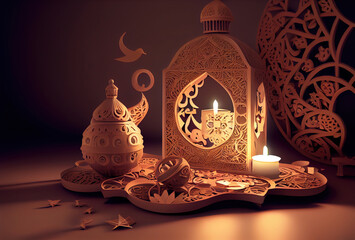 Ramadan decoration with candles, Generative Ai