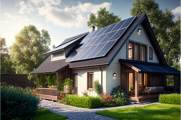 Obraz na płótnie Canvas Residential building project with solar panels on the roof, green eco-energy of the future, solar panel farm. generative AI