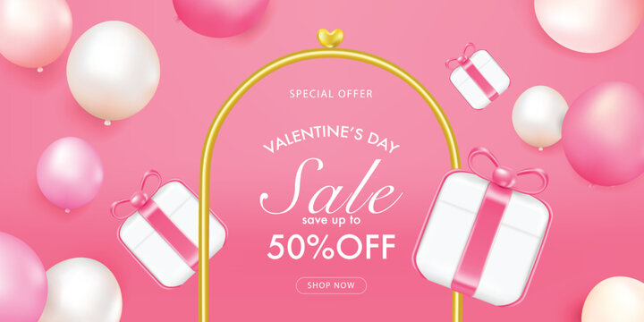 Happy valentine's day promotion sales and Discount online purchases. gift, golden frame with balloon isolated on pink background. 3d vector rendering.