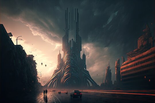 standing in the streets of an alien city, megatower structure, concept art, ai art, digital painting
