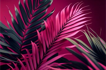 Tropical palm leaves trendy color 2023 Viva magenta in minimalist style, on pink background, copy space, mockup for product, jungle flora. generative AI