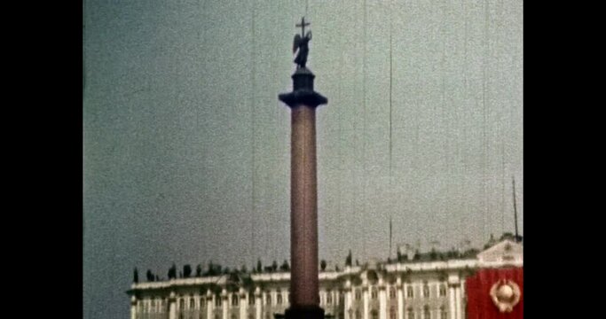 Obelisk Angel statue on Alexander Triumphal Column in St. Petersburg, Russia. Palace Square sculpture. Hermitage museum. 1960s USSR old archives. Vintage, archival color film. Retro, historic archive