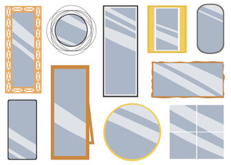 Collection with round and rectangular reflective surfaces. Modern or classic and decorative vintage mirrors. Vector illustration on white background