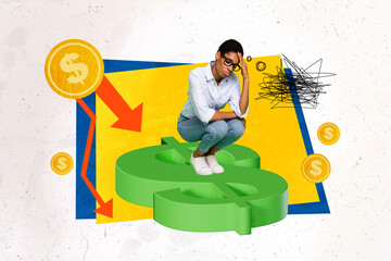 Composite collage picture of unsatisfied person huge dollar money symbol decreasing arrow down...