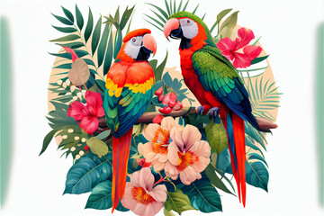 Tropical colored cockatoos in leaves of exotic flowers and palm trees white background, a pair of parrots in a beautiful forest, watercolor illustration. generative AI