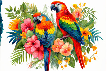 Tropical colored cockatoos in the leaves of exotic flowers and palm trees white background, pair of parrots in a beautiful forest, watercolor illustration. generative AI