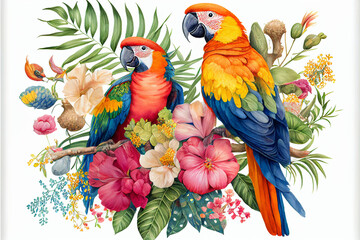 Tropical colored cockatoos in the leaves of exotic flowers and palm trees white background, pair of parrots in a beautiful forest, watercolor illustration. generative AI