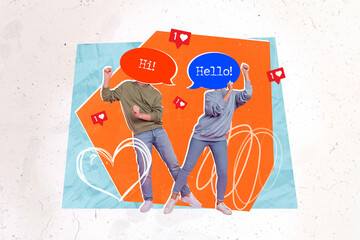 Creative collage picture of two people dialogue communication bubble instead head hi hello dancing...