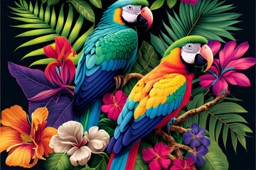 Obraz premium Tropical cockatoos and macaws in the leaves of exotic flowers and palm trees on a dark background. generative AI