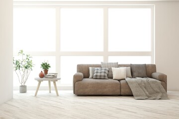 White living room with sofa. Scandinavian interior design. 3D illustration