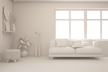 White minimalist living room with sofa. Scandinavian interior design. 3D illustration