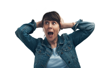 A senior woman looking shocked Isolated on a PNG background.