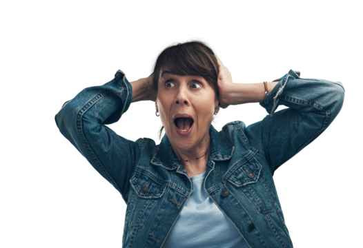 A senior woman looking shocked Isolated on a PNG background.