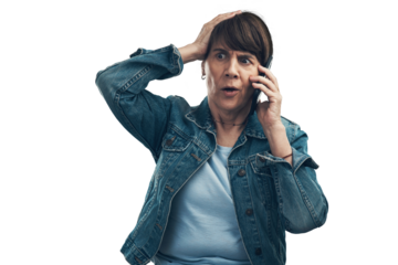 A senior woman looking shocked while talking on a cellphone Isolated on a PNG background.
