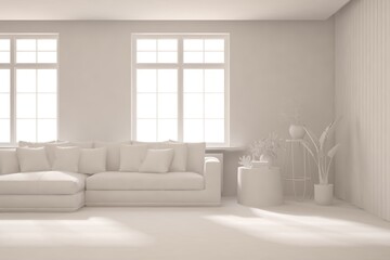 White minimalist living room with sofa. Scandinavian interior design. 3D illustration
