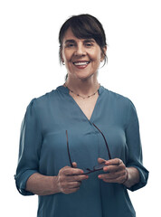 A senior woman standing against a grey background Isolated on a PNG background.
